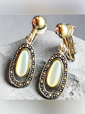 Signed MS 925 Mother of Pearl & Marcasite Clip-On Earrings